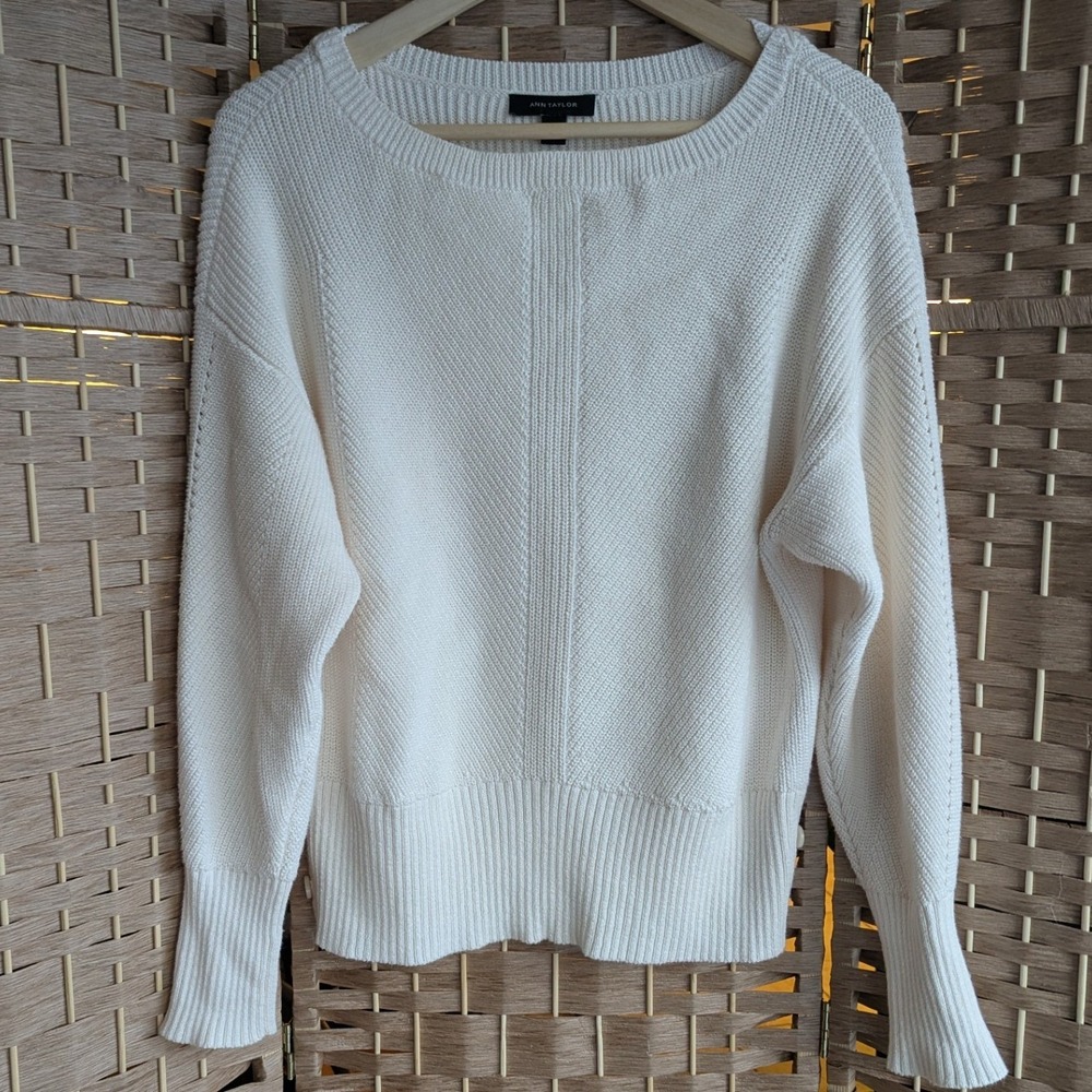 Ann Taylor Cream Knit‎ Shimmer Crew Neck Long Sleeve Sweater Neutral Capsule L